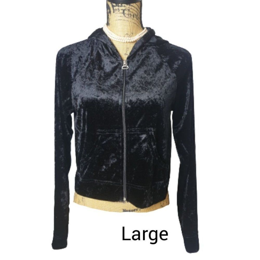 Girls Velour Hooded Jacket L Black Lightweight Chic Zip Up Jacket Pockets Lg